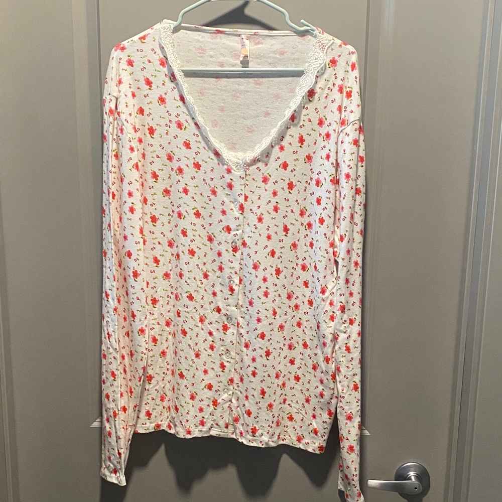 Floral Button Front Top 1X Cotton Cottagecore Boho Lace Trim Romantic Blouse